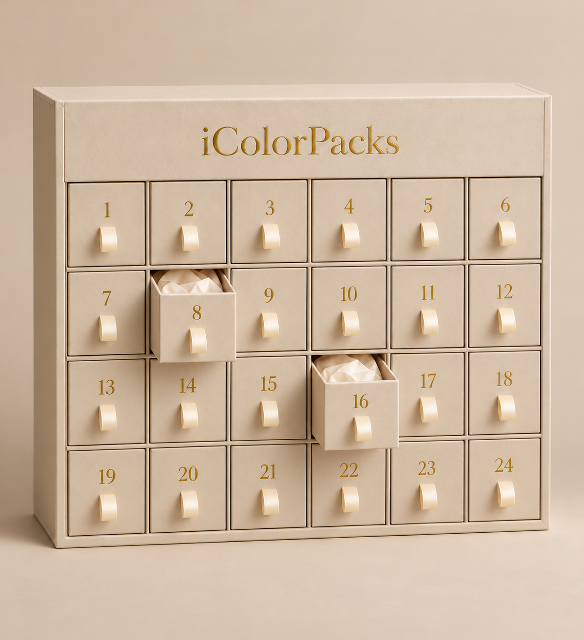 Cream advent calendar gift box with 24 numbered ribbon-pull drawers