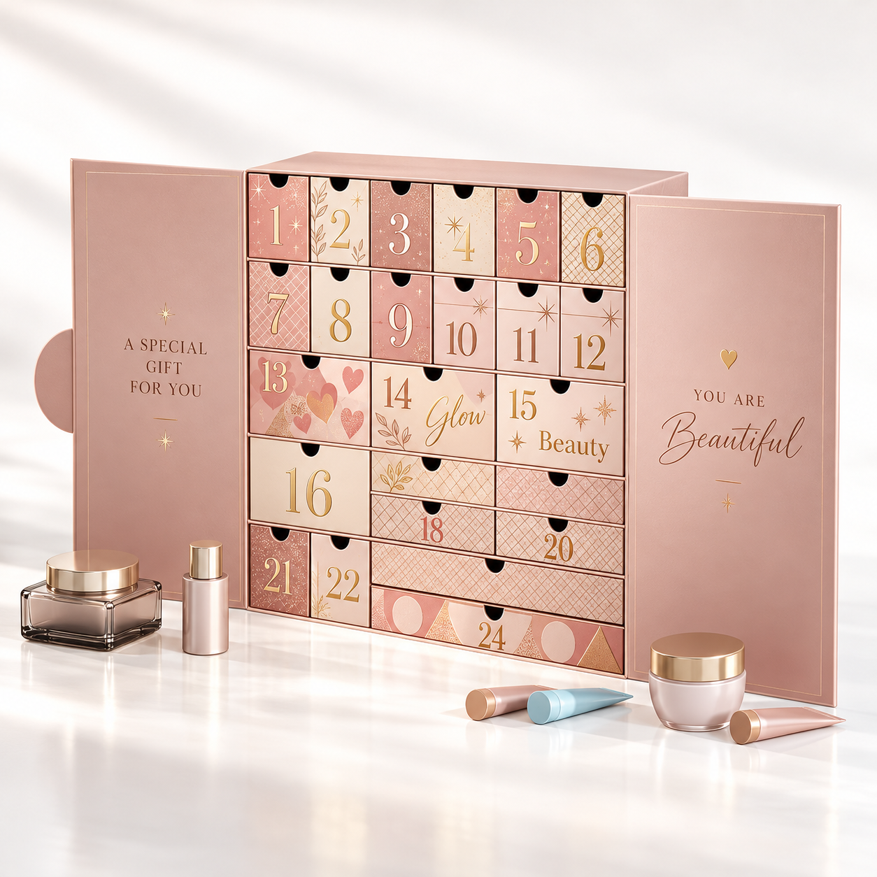 Pink double-door beauty advent calendar box with numbered compartments and cosmetic products