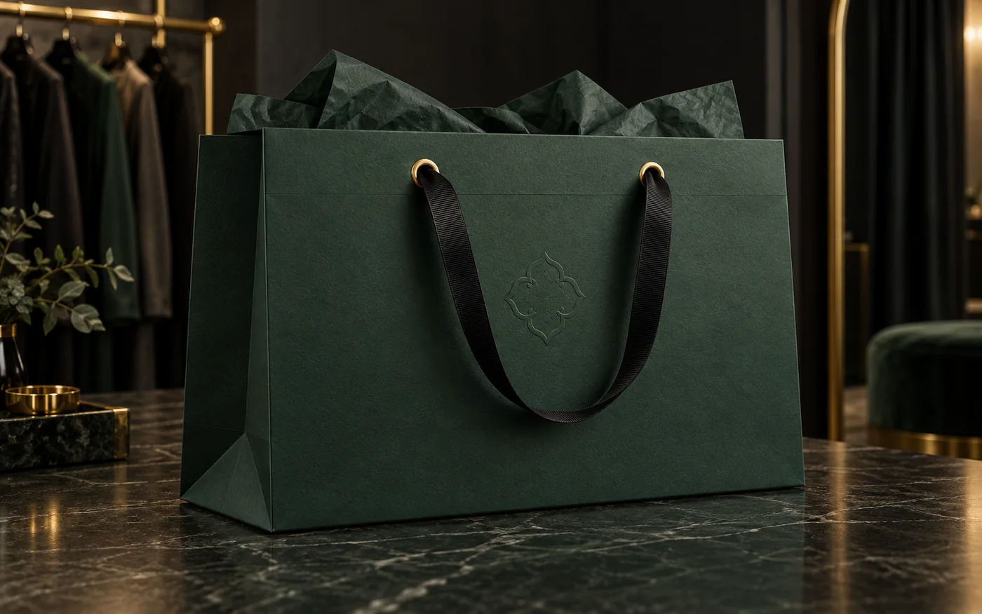 Branded paper garment bag with rope handles