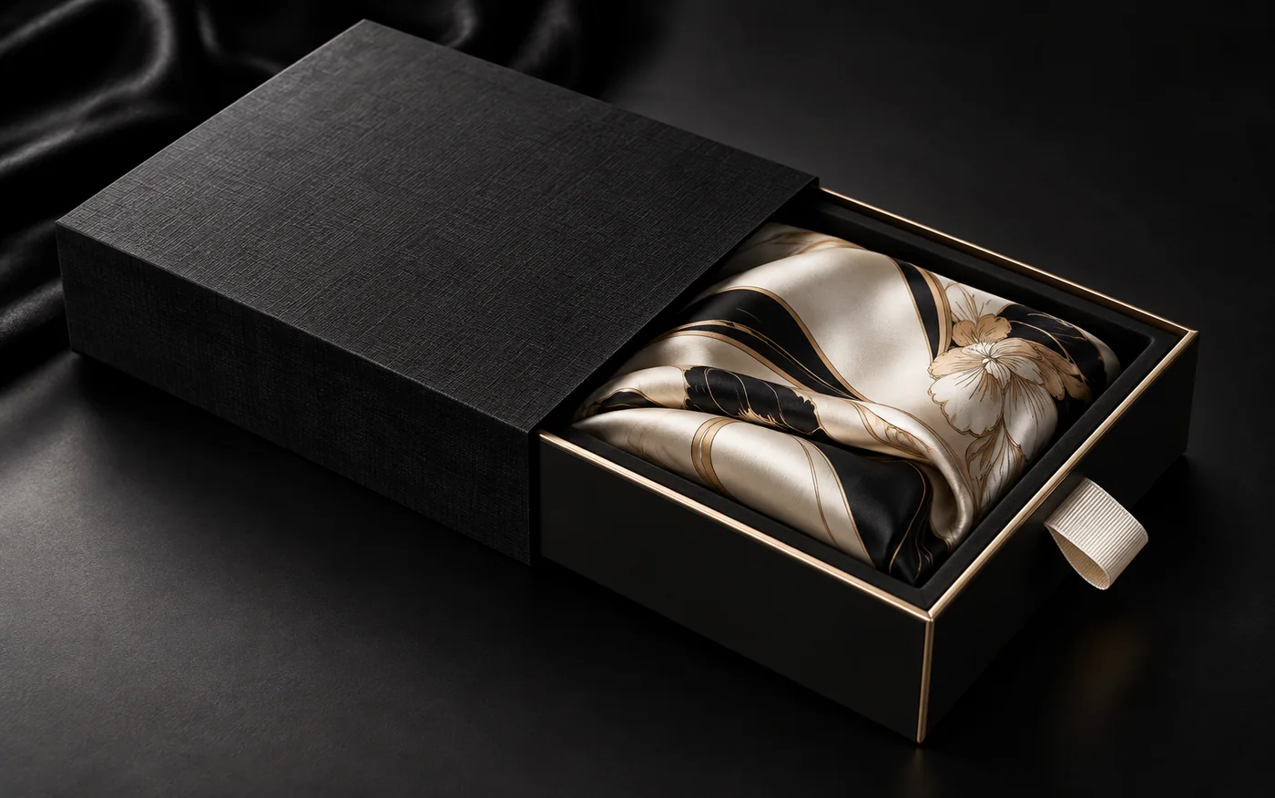 Black drawer box with silk insert for scarves and apparel