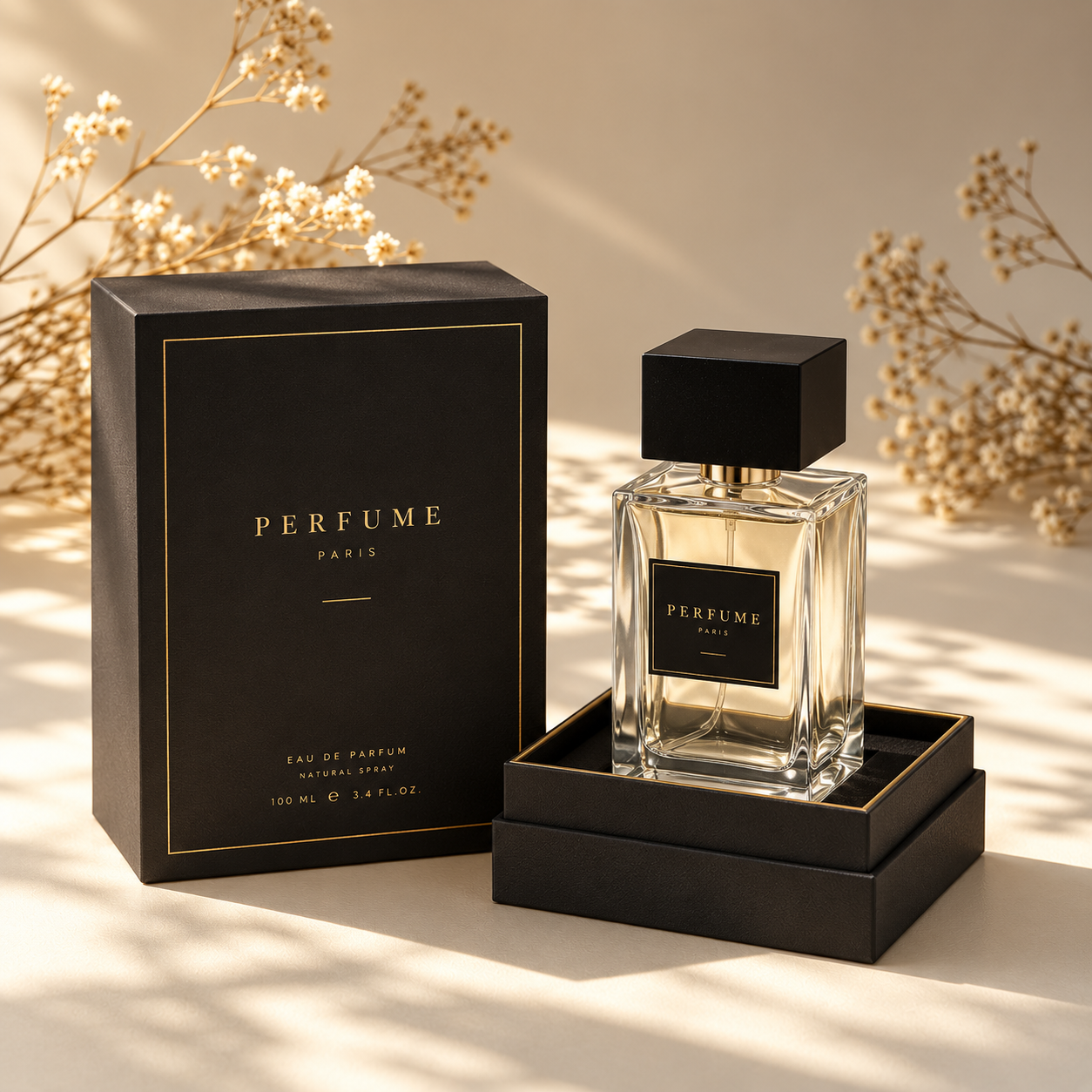Black perfume packaging box with matching fragrance bottle
