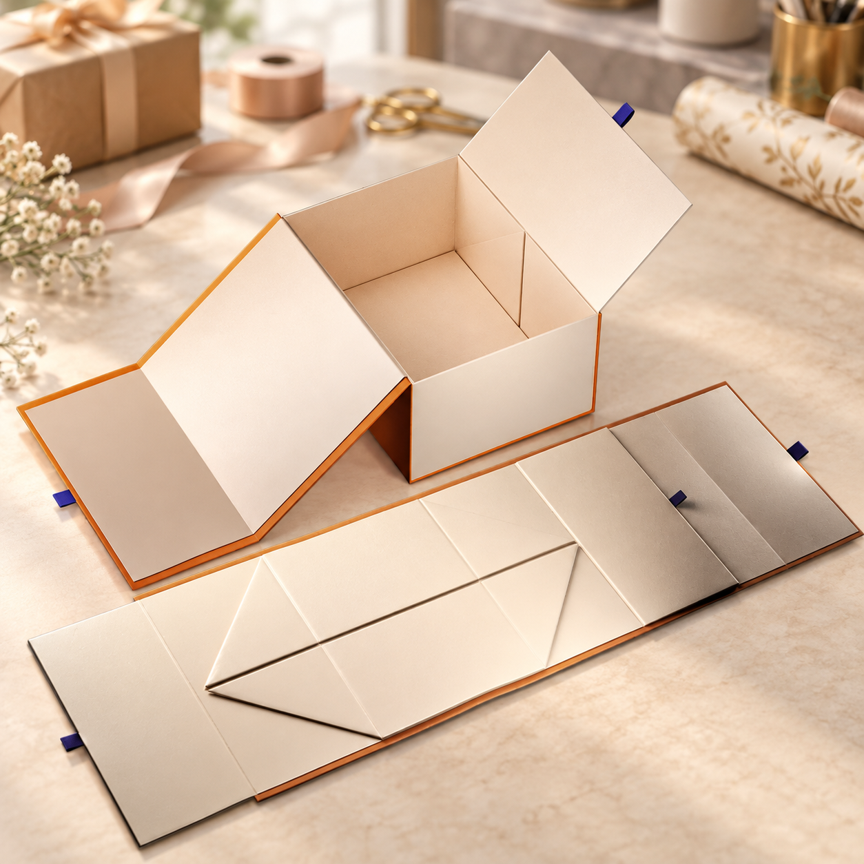 Collapsible rigid gift box shown assembled and flat