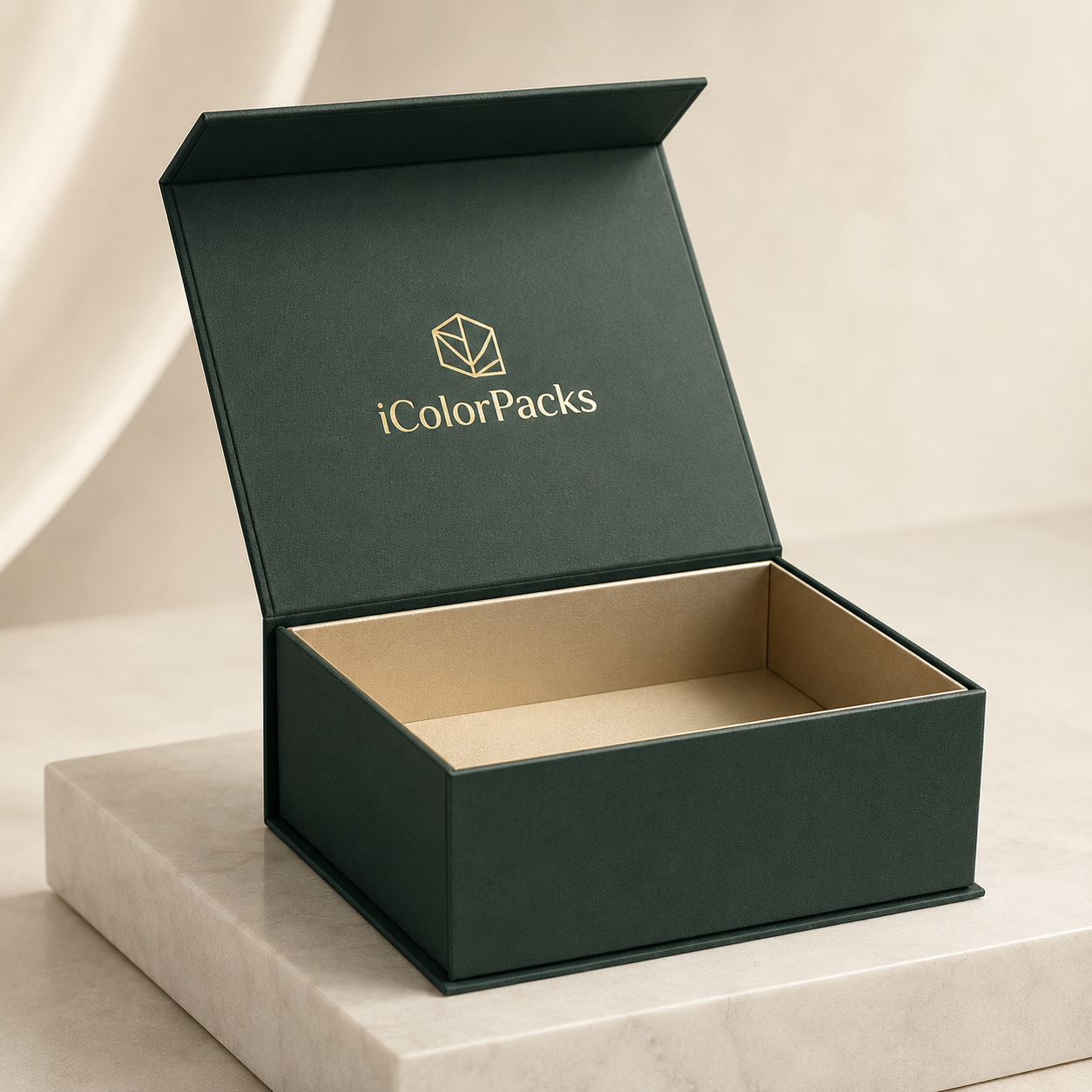 Open green rigid paper box with hinged lid