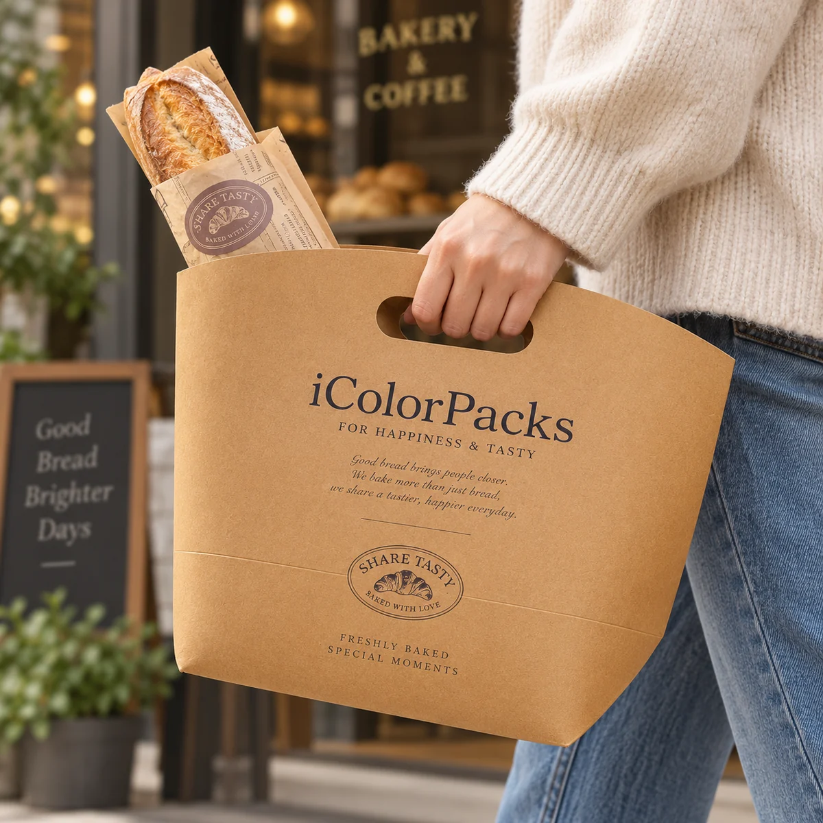 Customer carrying a die-cut kraft bakery bag with fresh bread