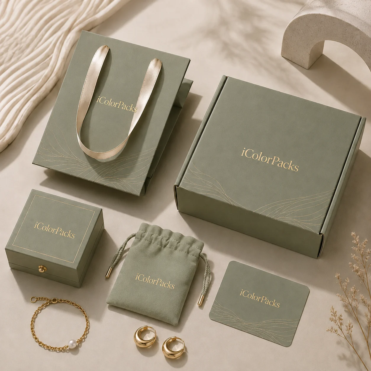 Coordinated sage green jewelry box, paper bag, pouch, mailer and branded card set