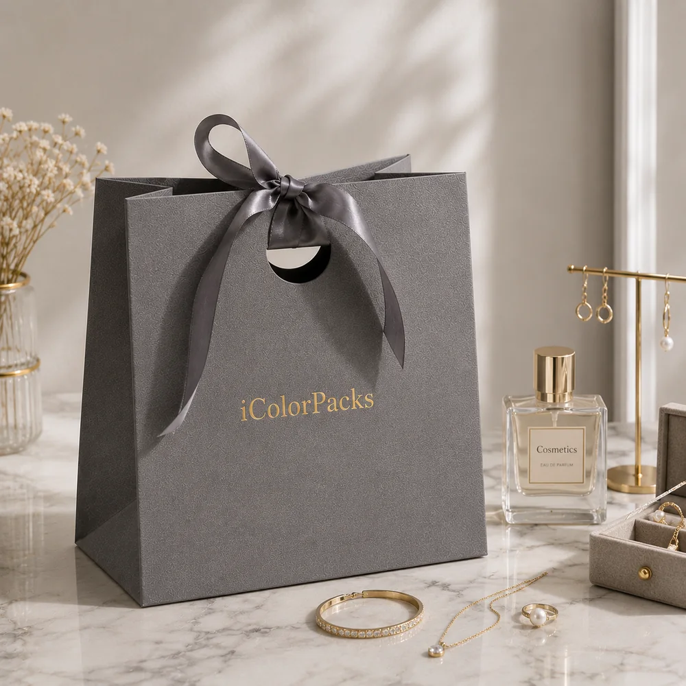 Textured paper gift bag with ribbon detail