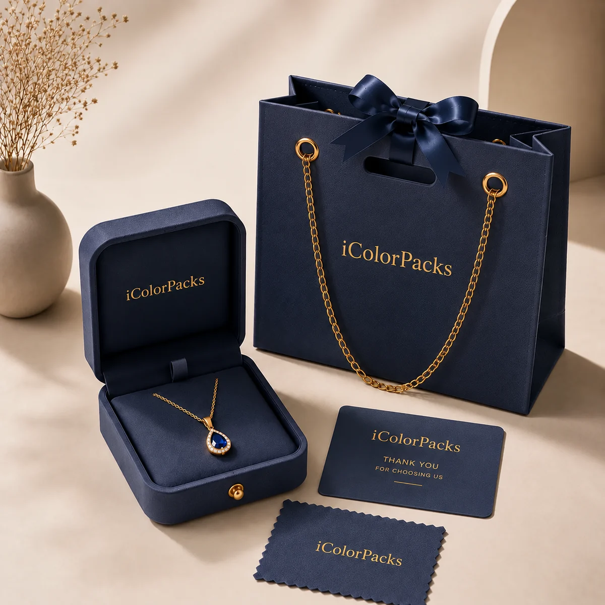 Navy luxury paper bag with metallic chain handle and gold logo