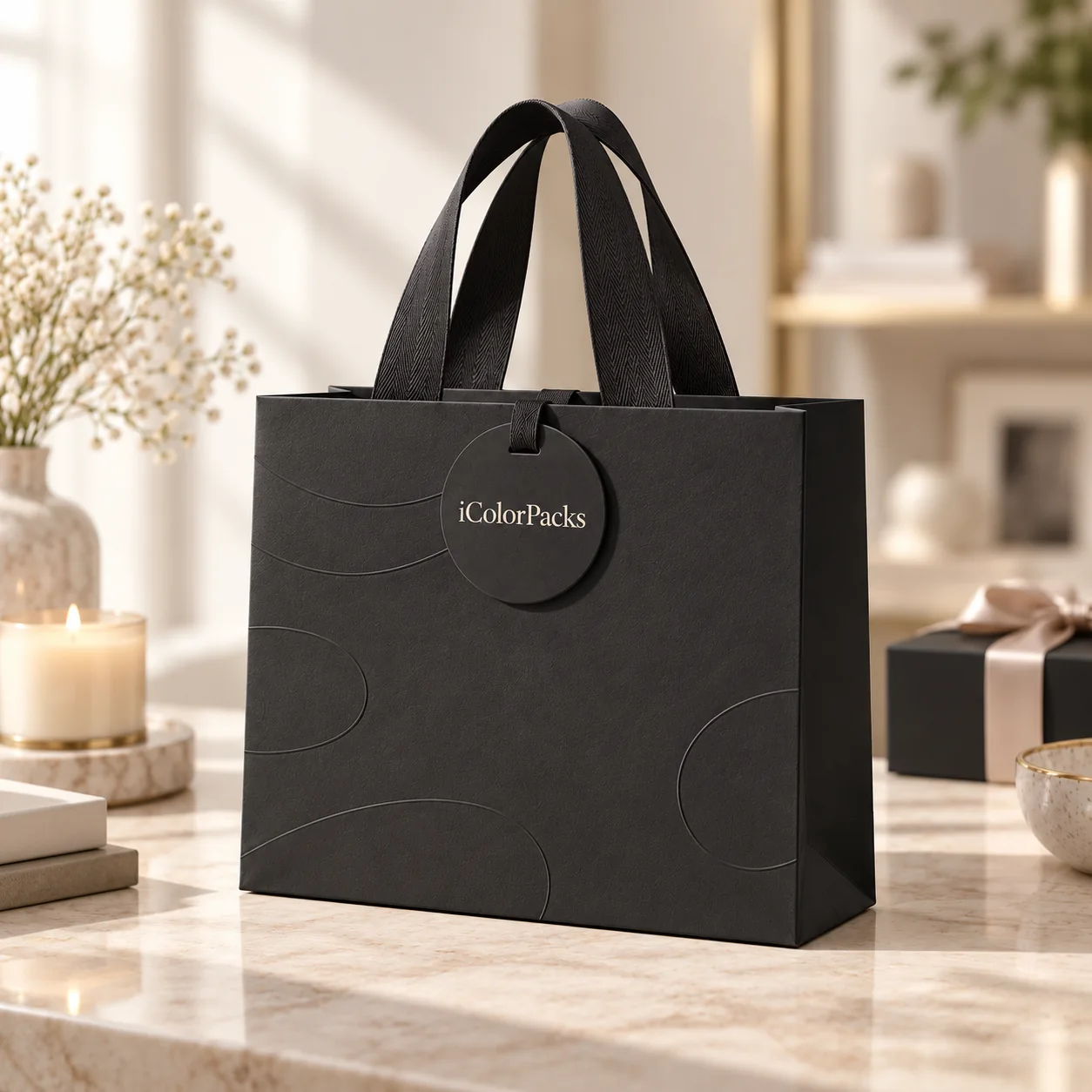 Black custom boutique paper bag with fabric handles and logo