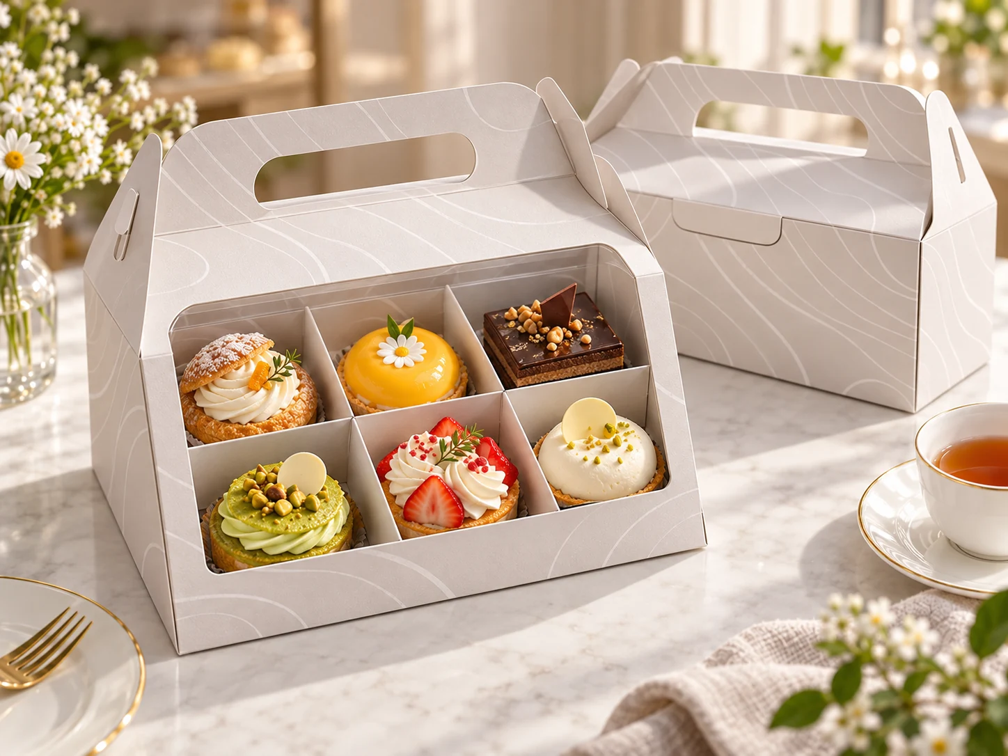 Custom Carry-Handle Cake Boxes application and packaging detail