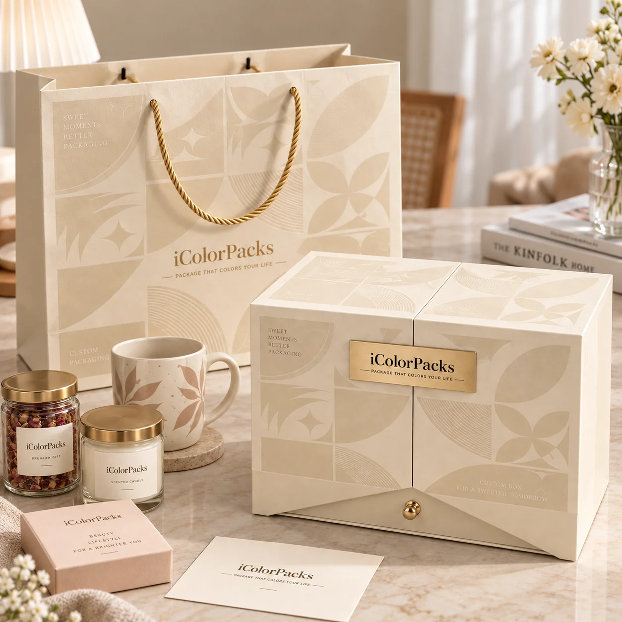 Cream custom paper shopping bag coordinated with matching rigid gift boxes