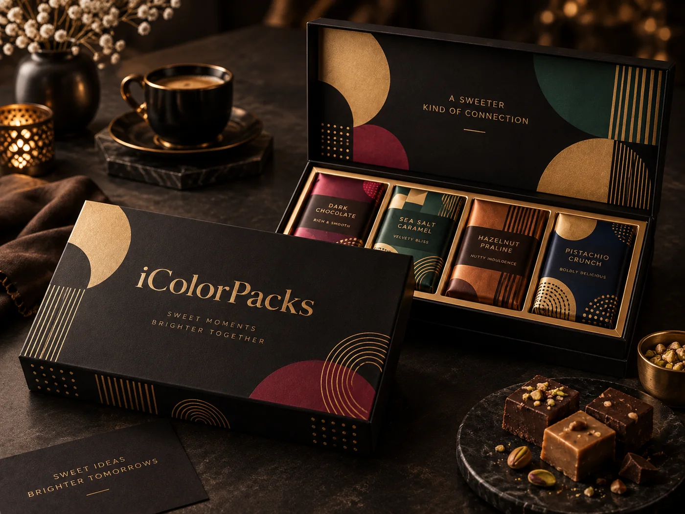 Black branded custom chocolate gift box collection with sleeves