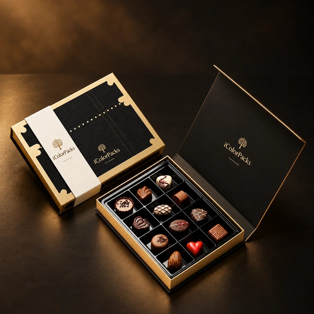Open black and gold custom chocolate gift box with individual compartments on a dark warm background