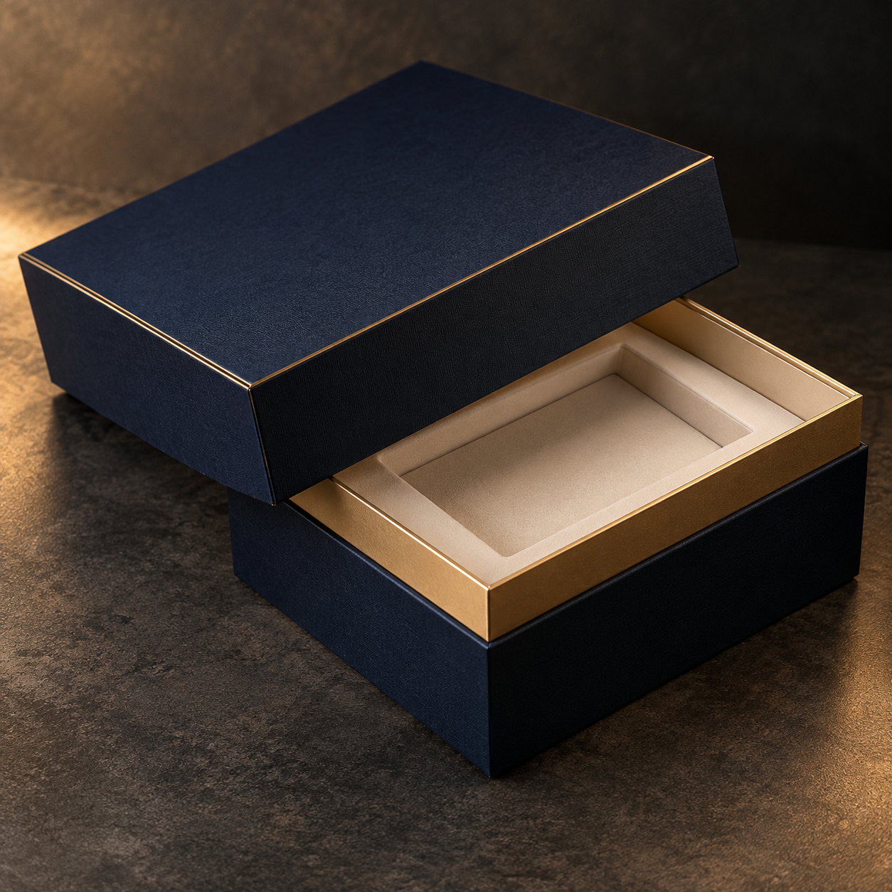Premium two-piece rigid packaging structure in navy and champagne gold