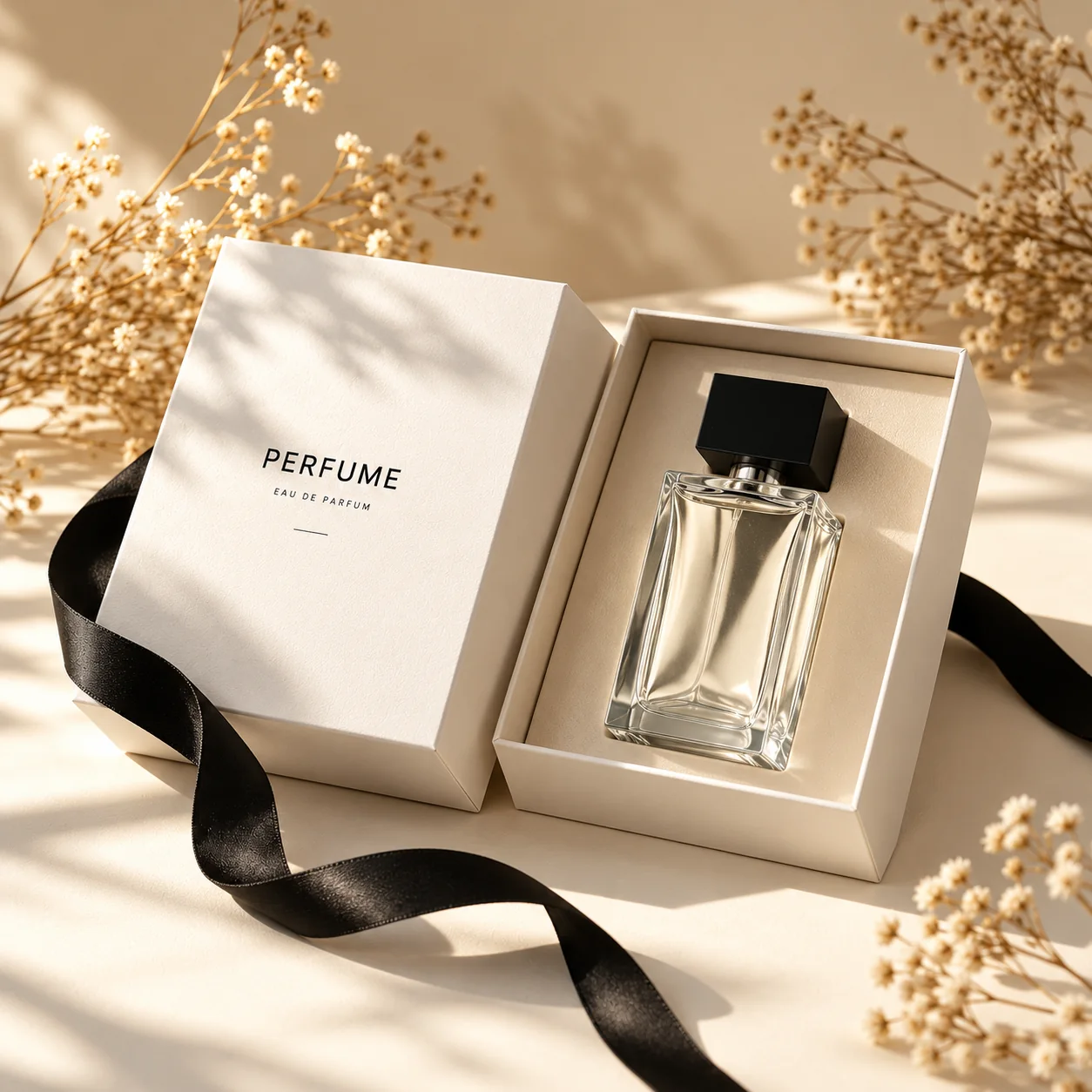 White custom rigid perfume box with black ribbon opening detail