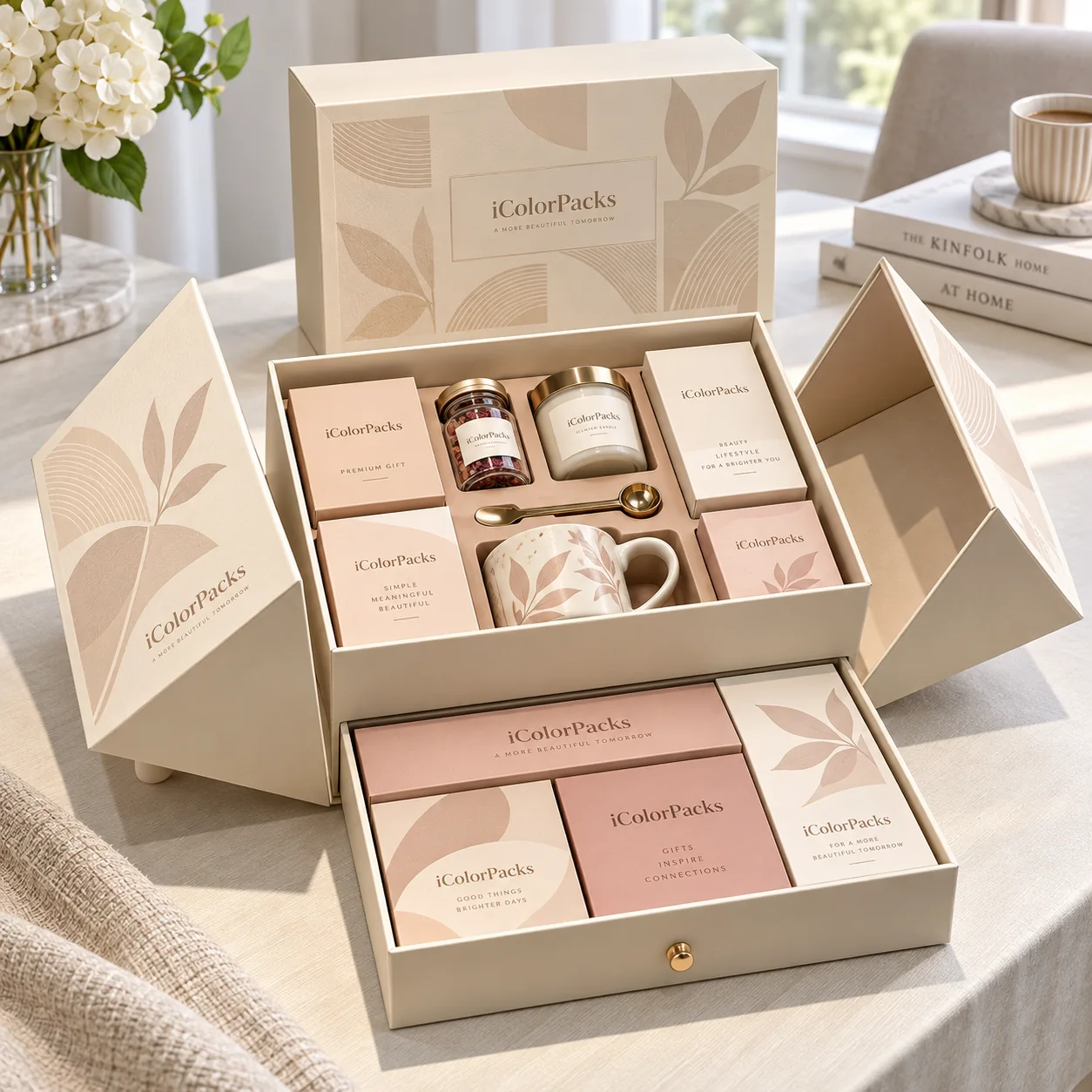 Custom skincare packaging collection with rigid boxes and fitted products