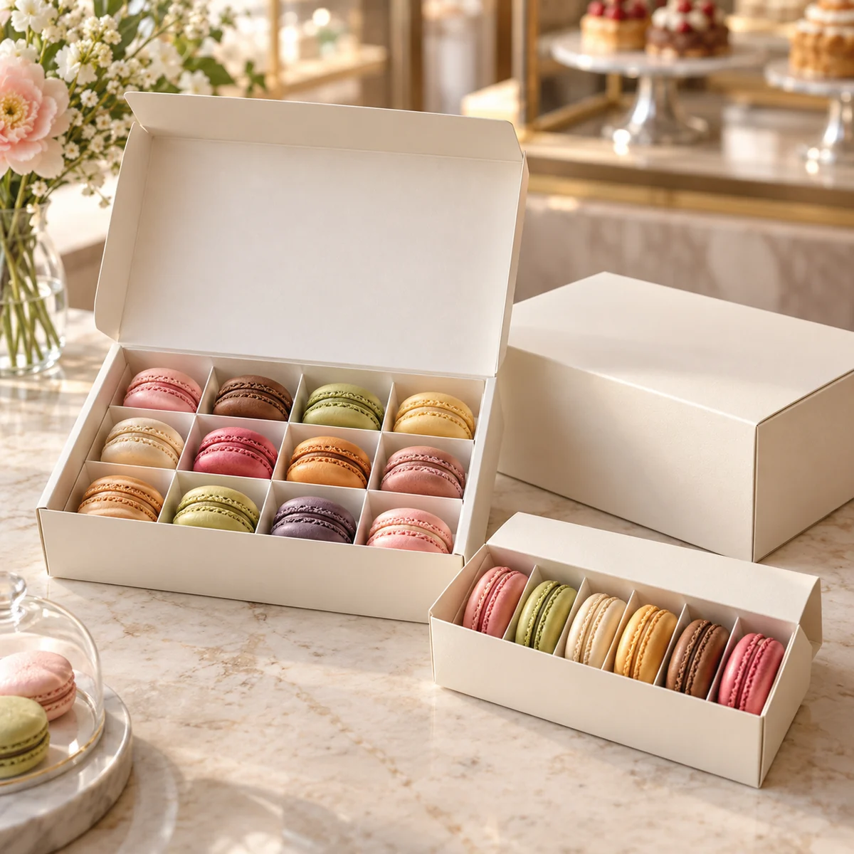 Food-grade macaron boxes with fitted partitions
