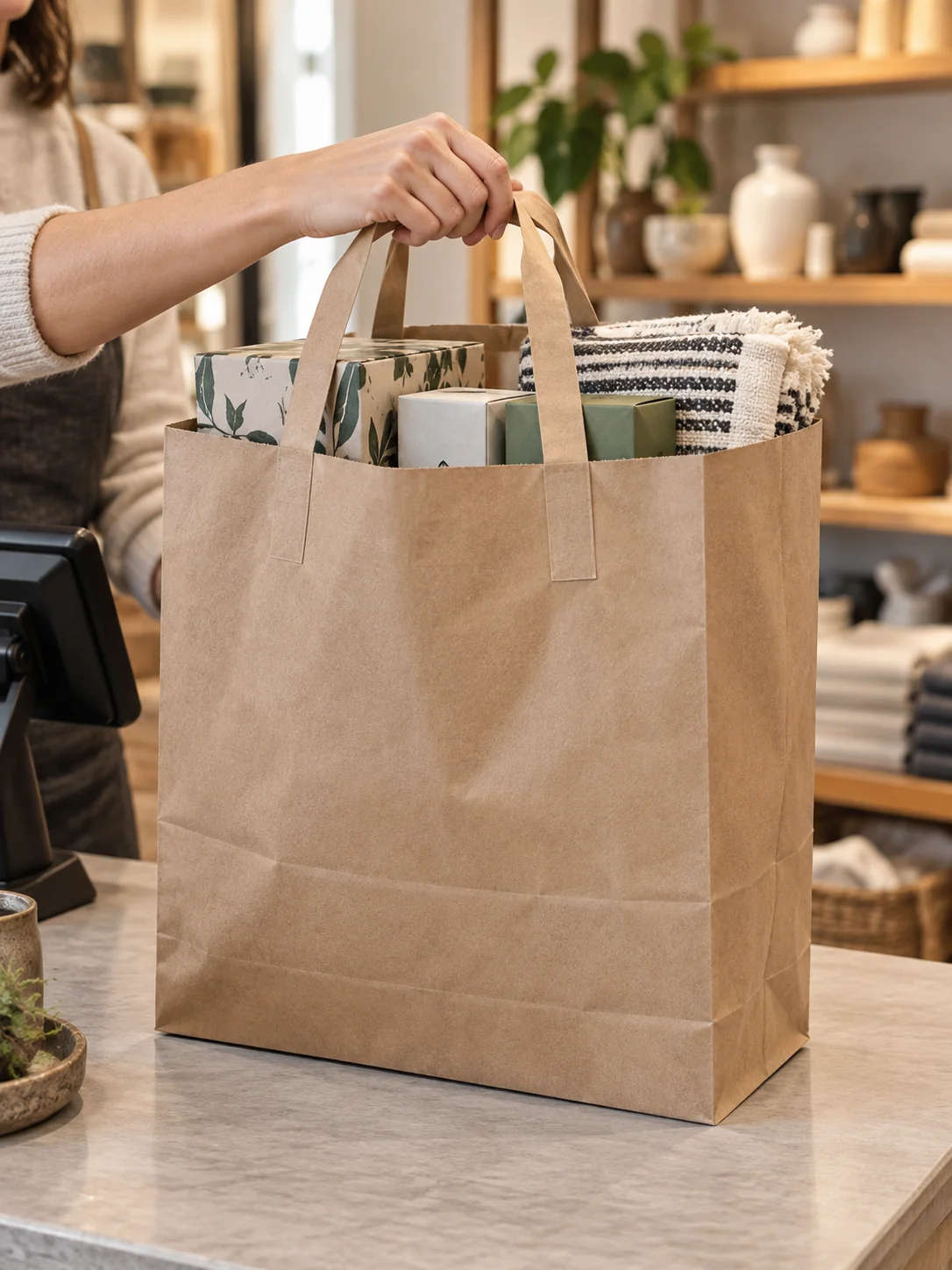 Custom Heavy-Duty Kraft Shopping Bags application and packaging detail