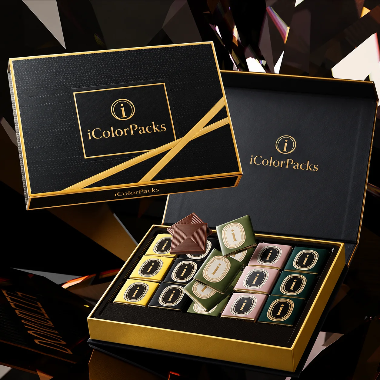 Luxury black and gold chocolate presentation box with fitted tray
