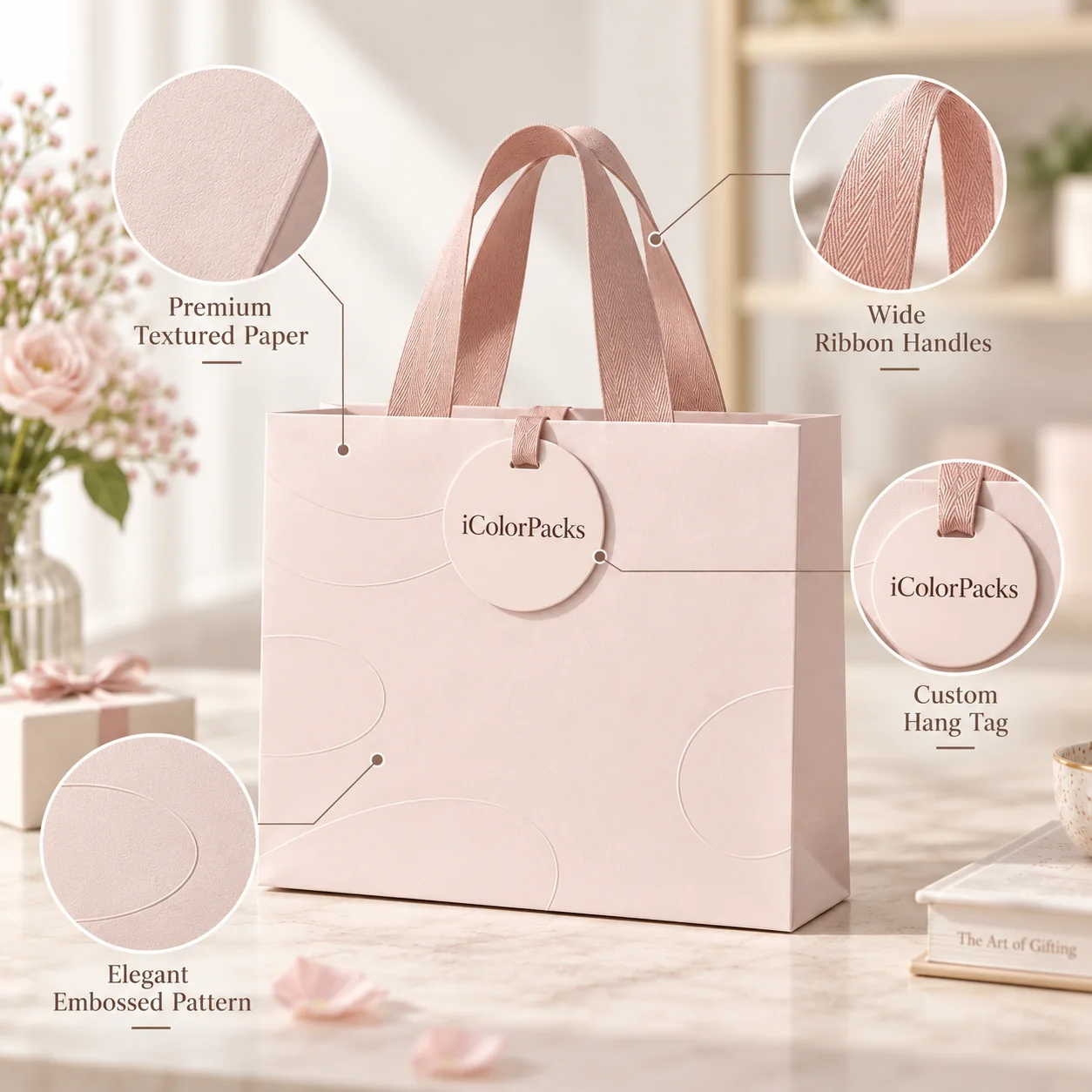 Pink custom paper shopping bag with wide ribbon handles and embossed closure tab
